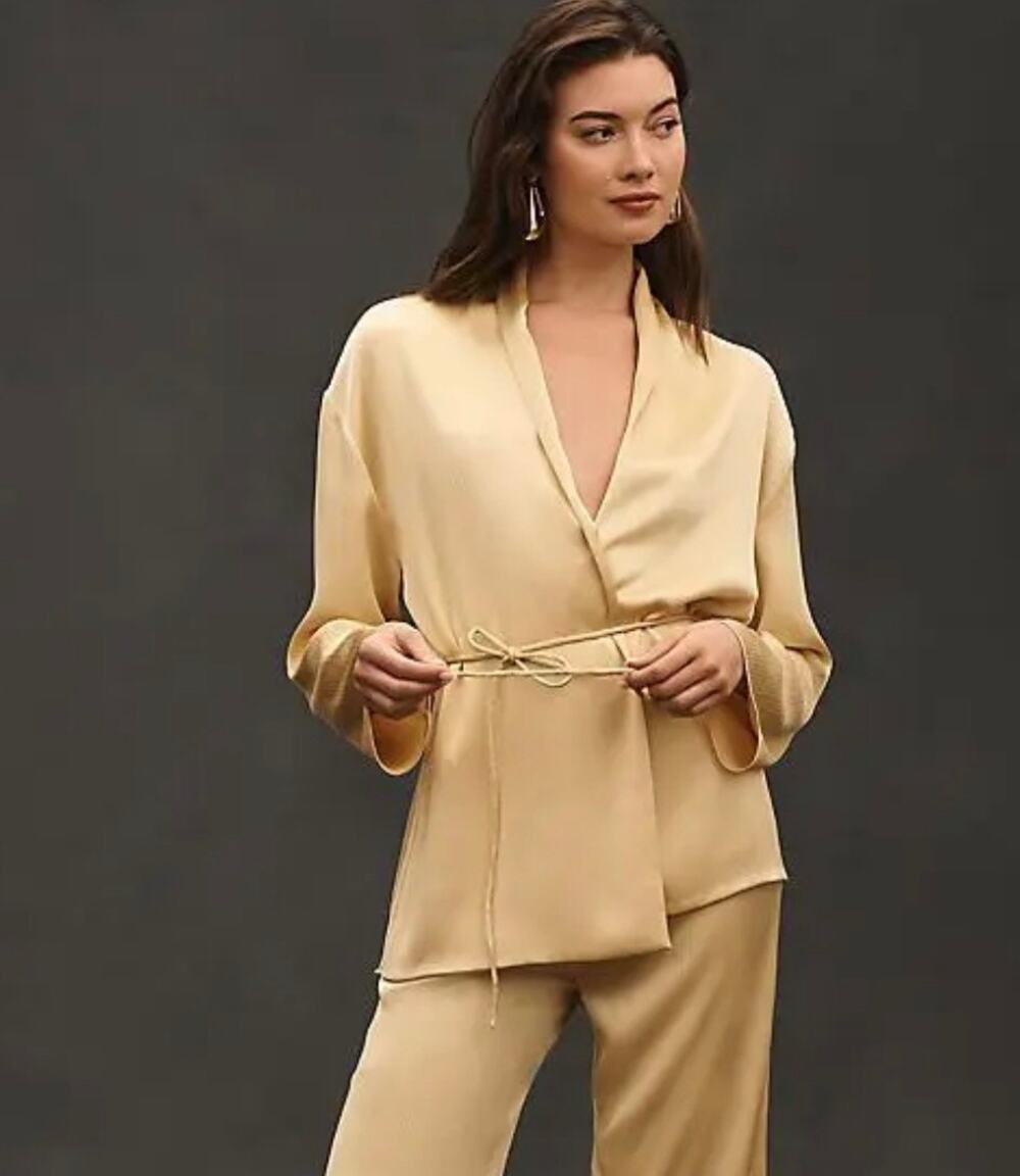 Mare Mare Small Tie Kimono Gold Satin Open Front V Neck Shawl Collar Long Sleeve